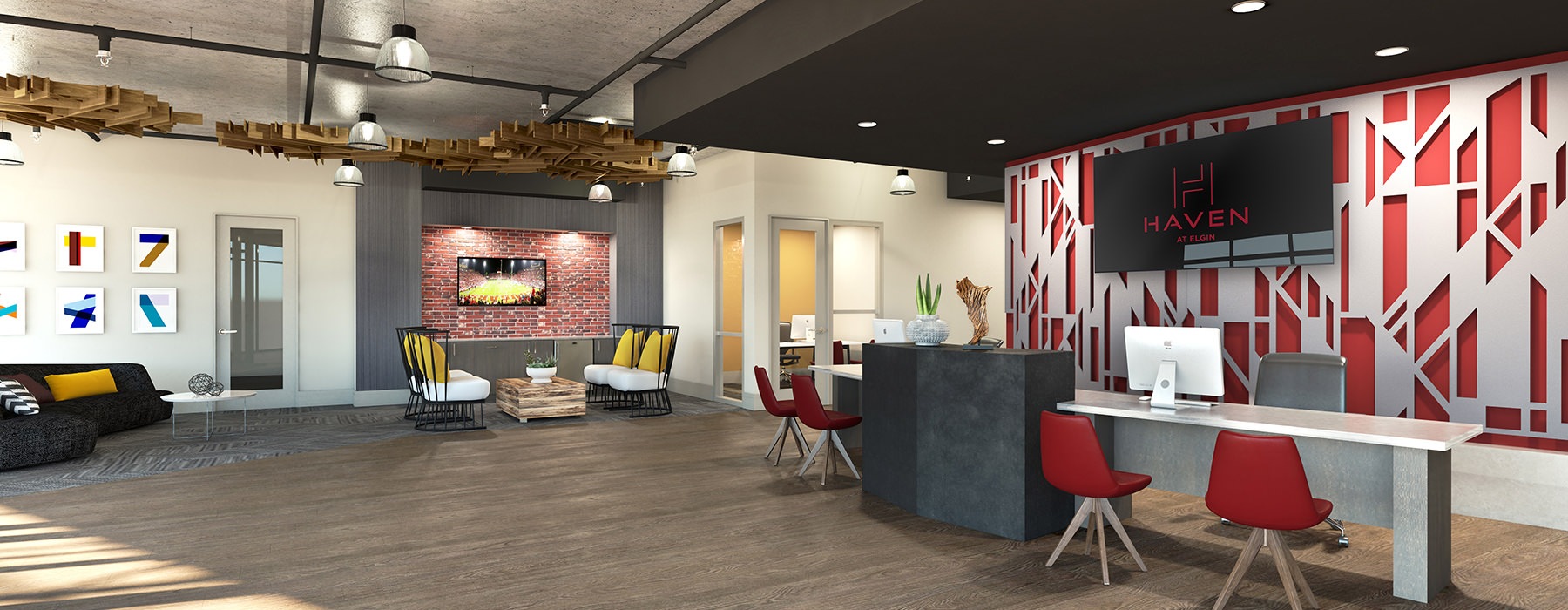 rendering of lobby with colorful walls and modern decor