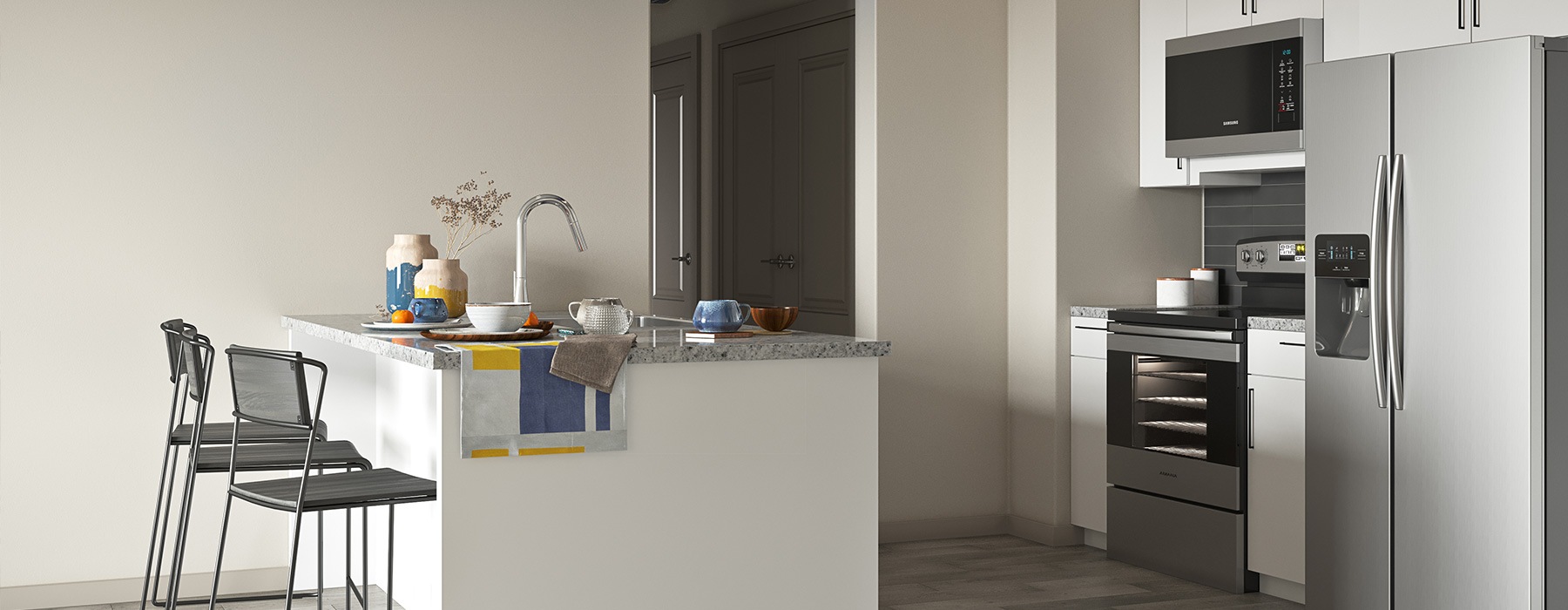 modern kitchen with bright appliances, bar-style seating and on wood-style flooring
