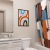 bathroom with a colorful shower curtain and a large mirror